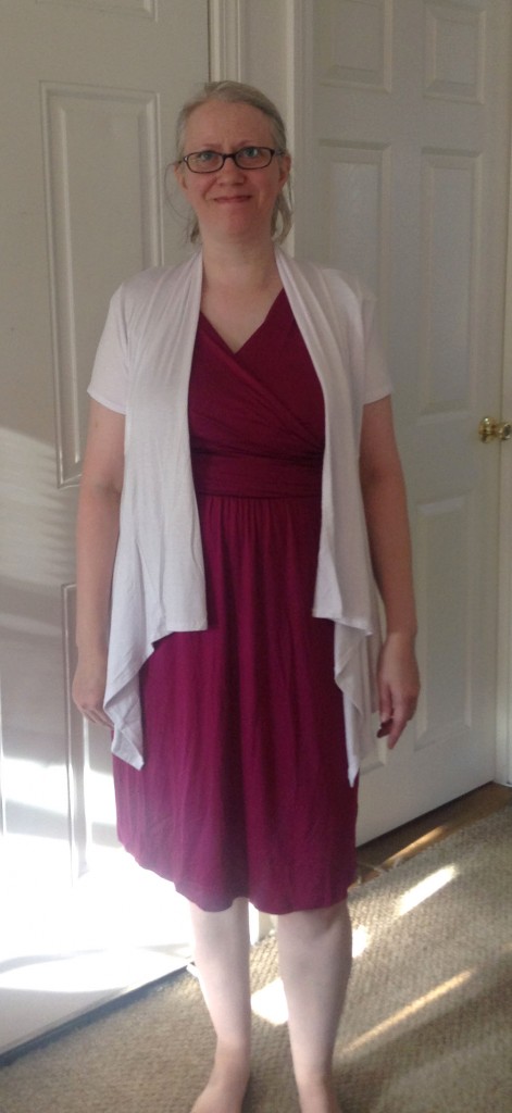 Plum Dress and White Cardigan