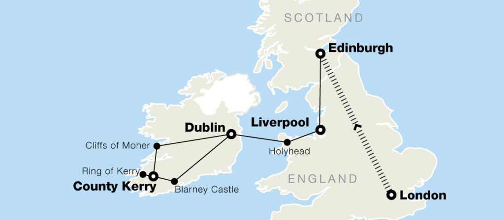 Itinerary map for trip to the UK and Ireland