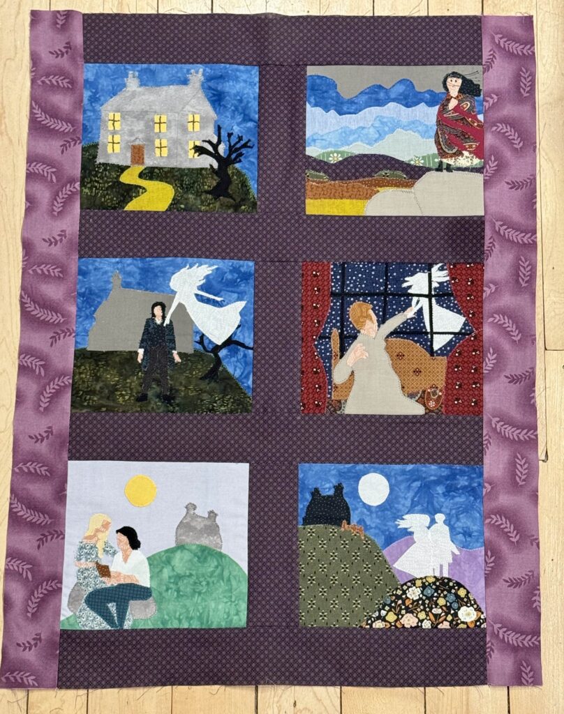 Pictorial quilt with six panels based on scenes from Wuthering Heights, including a picture of Wuthering Heights itself, Catherine on the moors, Heathcliff with the ghost of Catherine hovering overhead and touching his arm, Catherine's ghost grabbing Lockwood's arm and trying to pull him through the window of her bedroom, Hareton and Young Cathy reading with a sunny image of Wuthering Heights far in the background, and the ghosts of Catherine and Heathcliff with Wuthering Heights in the distance under the moonlight.